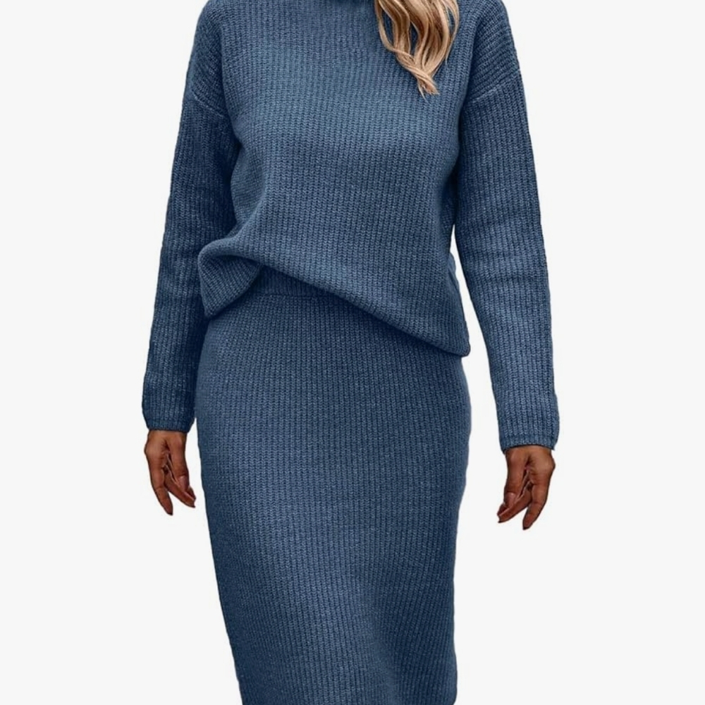 Blue Ribbed Knit Sweater Top & Skirt Set